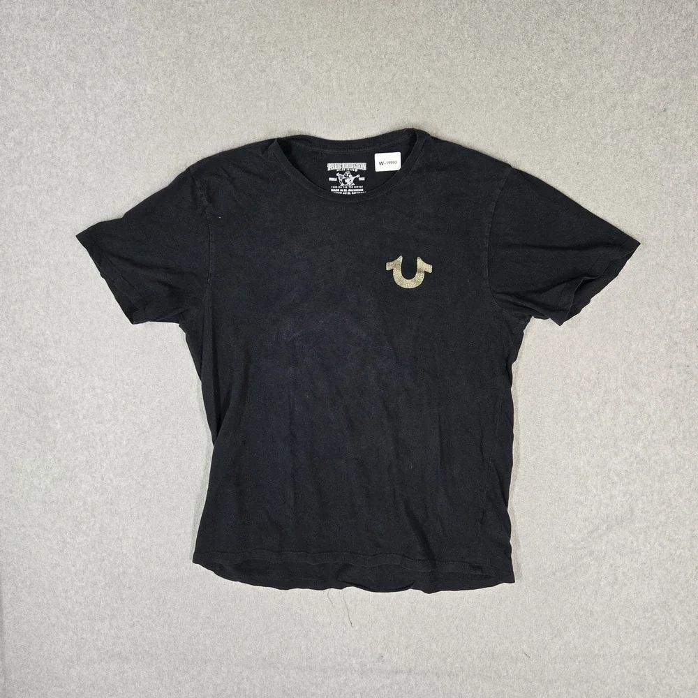 True Religion Men Shirt L/G Black Graphic Buddha Guitar Grunge Logo Short Sleeve
